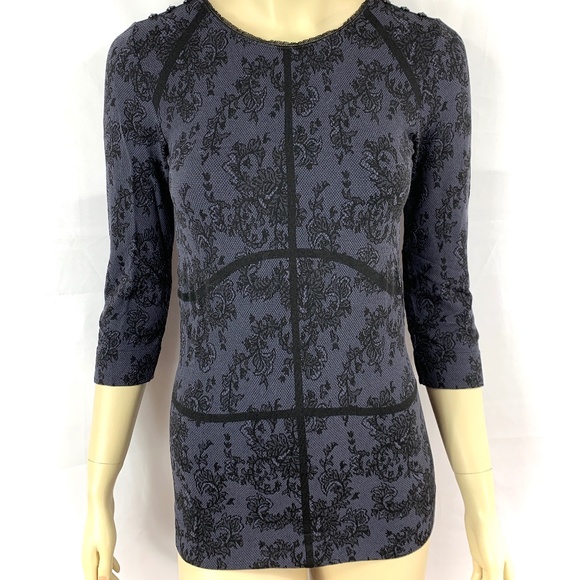 PHILIPPE MATIGNON lace prints black lavender fitted top L - Picture 8 of 11